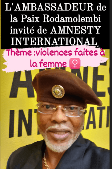 Man wearing a beret with text about an Amnesty International event on violence against women.